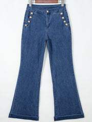Ashleigh Blue Golden Button Detail Rolled Edge Flare Leg Jeans - Damesmode Afbeelding 4 - Miniatuur