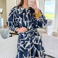 Blue Abstract Geometric Print Zip Front Tie Waist Shift Dress - Damesmode Afbeelding 2 - Foto 2