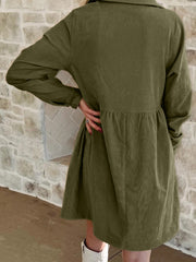 Black Corduroy Half Button Collared Long Sleeve Mini Dress - Damesmode Afbeelding 8 - Miniatuur