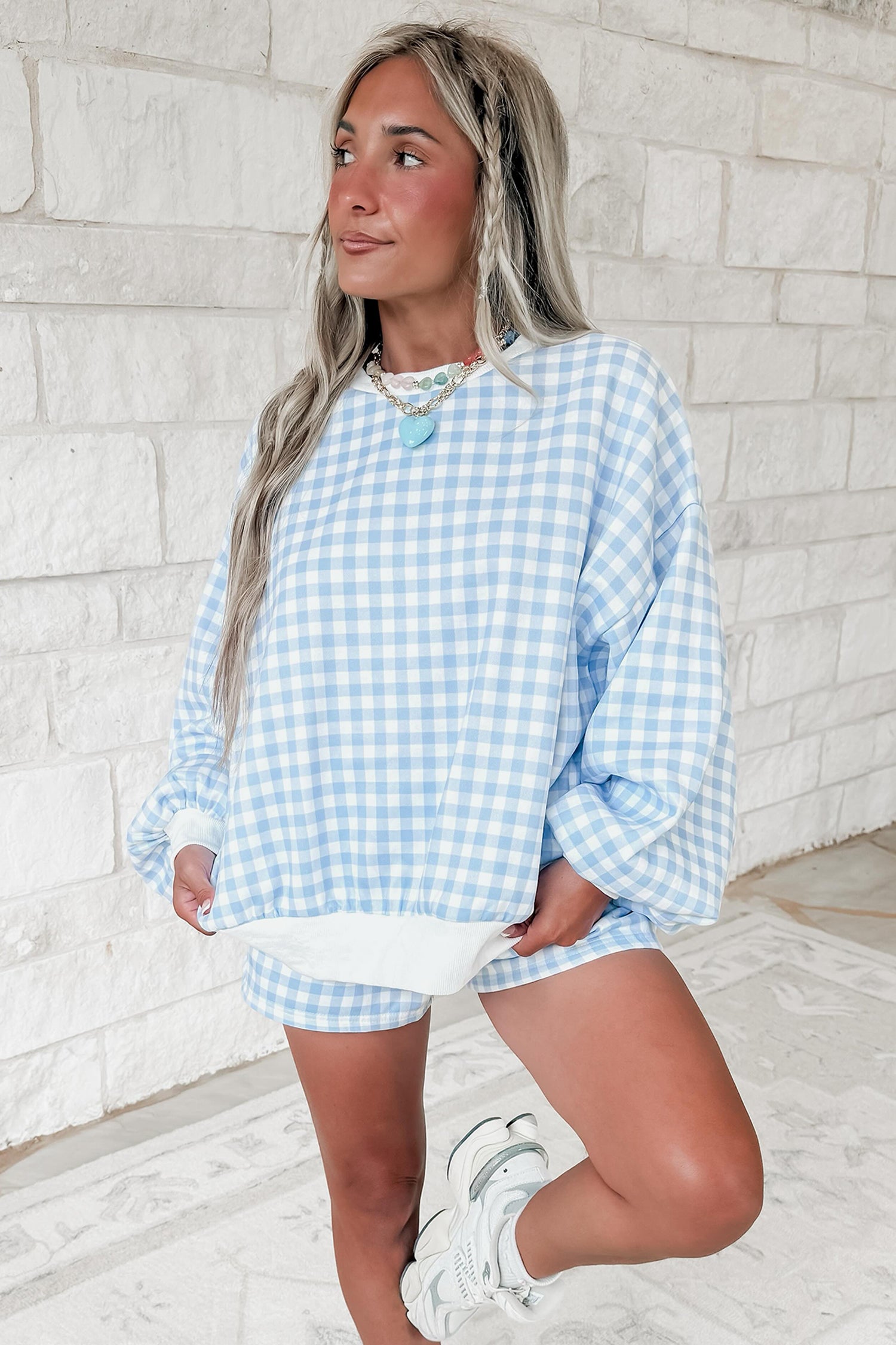 Himmelblå ternet poset pullover med træksnor Casual Shorts 2 stk. Outfit
