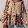 Oatmeal Boho Floral Plaid Patchwork Distressed Detail Ruffled Sleeve Waffle Knit Shacket - Foto 4