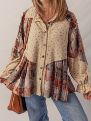 Oatmeal Boho Floral Plaid Patchwork Distressed Detail Ruffled Sleeve Waffle Knit Shacket - Miniatuur