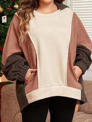 Brauner Farbblock Plus-Size-Hoodie – Damesmode Afbeelding 7 - Miniatuur