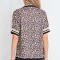 Khaki Leopard Print Half Zip Striped Trim Patchwork Short Sleeve Top - Foto 5