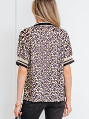 Khaki Leopard Print Half Zip Striped Trim Patchwork Short Sleeve Top - Miniatuur