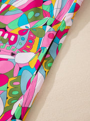 Pink Abstract Printed Lantern Sleeve Buttoned Mini Dress - Miniatuur