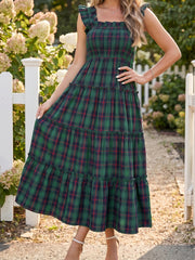 Green Plaid Ruffle Sleeveless Shirred Bodice Tiered Midi Dress - Miniatuur