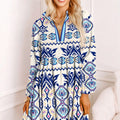 Blue Ethnic Print Striped Split Neck Long Sleeve Flowy Mini Dress - Damesmode Afbeelding 2 - Foto 2