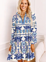 Blaues Ethnisches Muster mit gestreiftem Split-Neck-Langarm-Minikleid – Damesmode Afbeelding 2 - Miniatuur