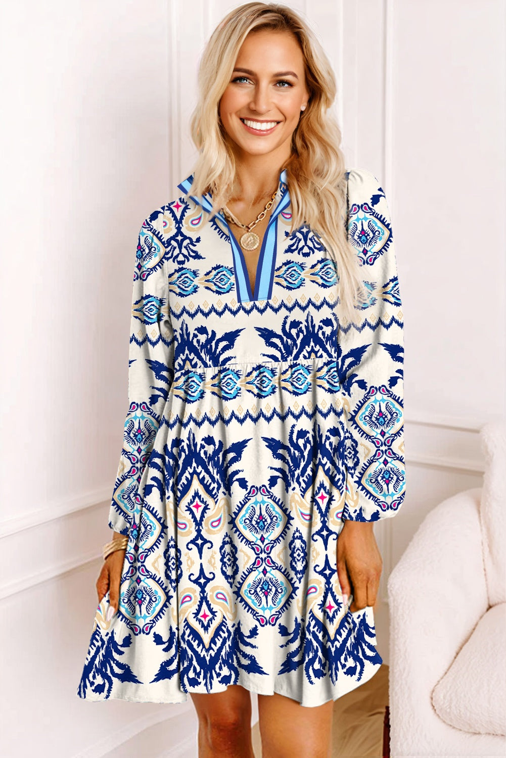 Blue Ethnic Print Striped Split Neck Long Sleeve Flowy Mini Dress - Damesmode Afbeelding 2