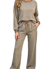 Simply Taupe Cozy Ribbed Patchwork Leopard Trim Long Sleeve 2pcs Pant Set - Miniatuur