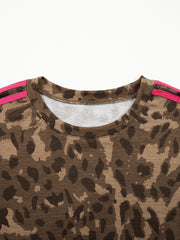 Brown Loose Contrast Striped Accent Leopard T Shirt Mini Dress with Pockets - Damesmode Afbeelding 4 - Miniatuur