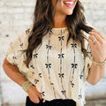 Beige Bow Print Puff Short Sleeve Top - Damesmode Afbeelding 3 - Foto 3