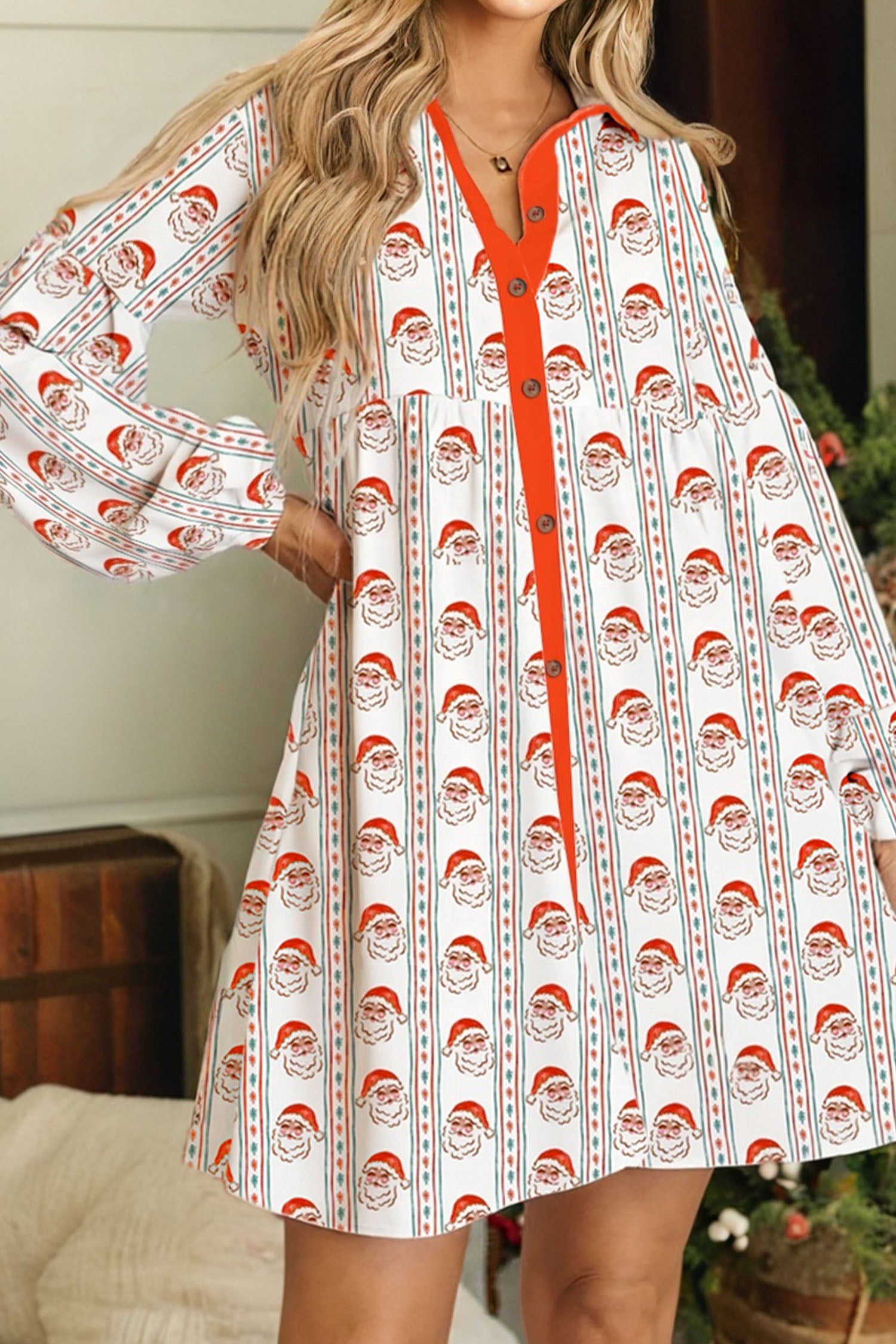 Weißer Weihnachtsmann mit kontrastreichem Kragen und langärmligem A-Linien-Minikleid