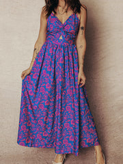 Robe maxi à motif fleural bleu à col torsadé en V et dos sans dos - Damesmode Afbeelding 1 - Miniatuur