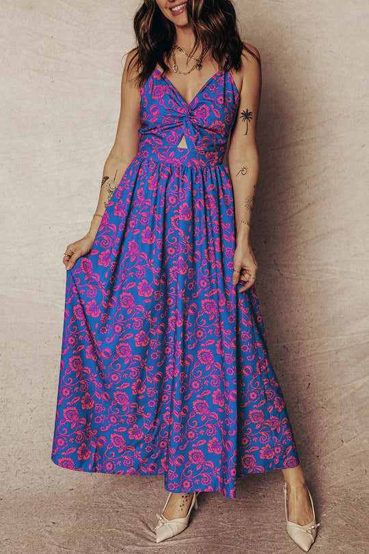 Robe maxi à motif fleural bleu à col torsadé en V et dos sans dos - Damesmode Afbeelding 1