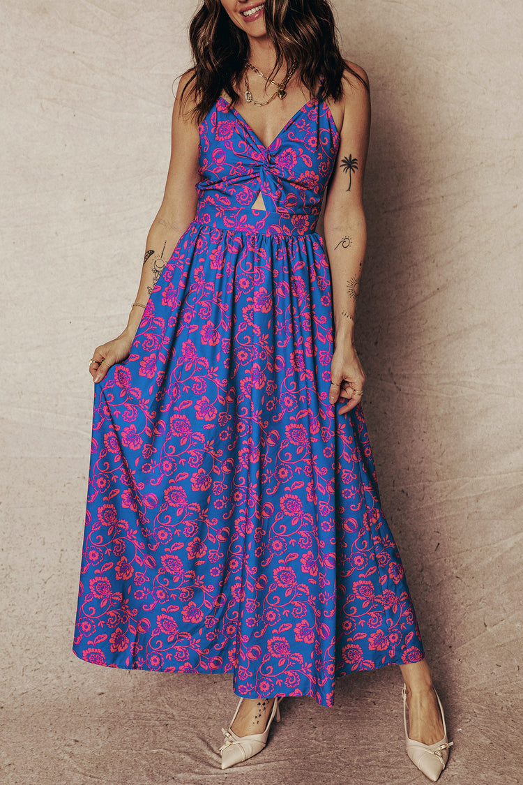 Blue Floral Print Twisted V Neck Tied Backless Maxi Dress - Damesmode Afbeelding 1 - Damesmode