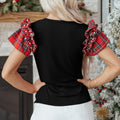 Black Plaid Pearl Ruffle Short Sleeve Loose T Shirt - Damesmode Afbeelding 2 - Foto 2