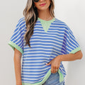 Pink Stripe Contrast Trim Loose Short Sleeve Top - Foto 4
