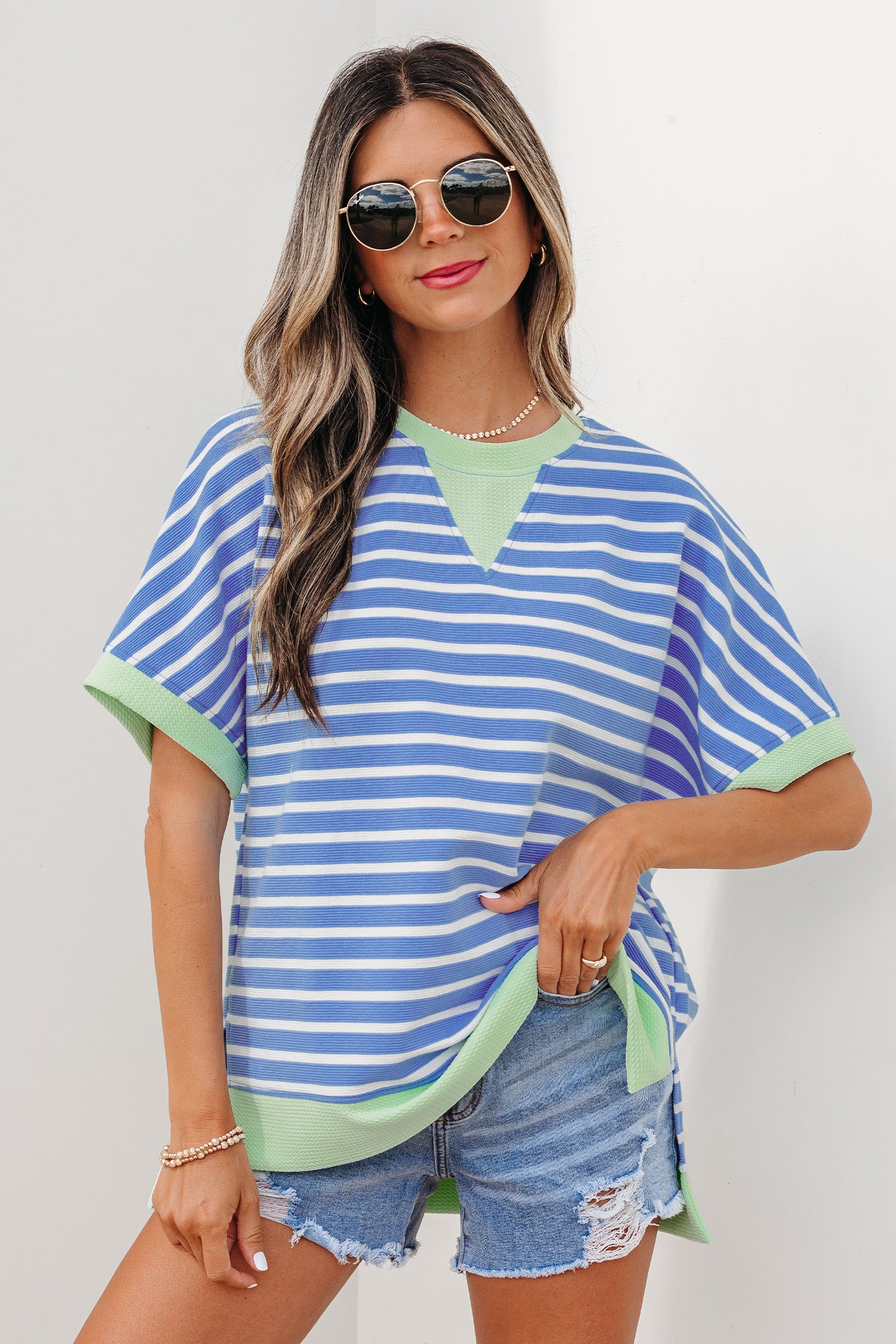 Rosa Stripe Contrast Trim lockeres kurzärmeliges Oberteil