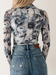 Top a maniche lunghe a maniche lunghe con scollo alto in rete floreale azzurro cielo - Miniatuur