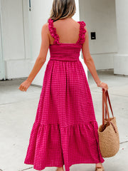 Rotes kariertes, quadratisches Urlaubs-Sommerkleid mit ausgestelltem Ausschnitt - Miniatuur