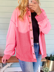Peach Blossom Two Tone Contrast Waffle Knit Buttoned Loose Shacket - Miniatuur