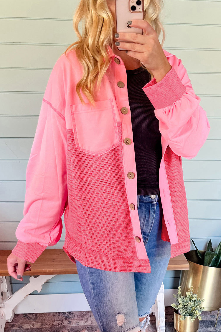 Peach Blossom zweefaarweg Kontrastwaffel Stréck mat lockerem Knäppchen - Damesmode