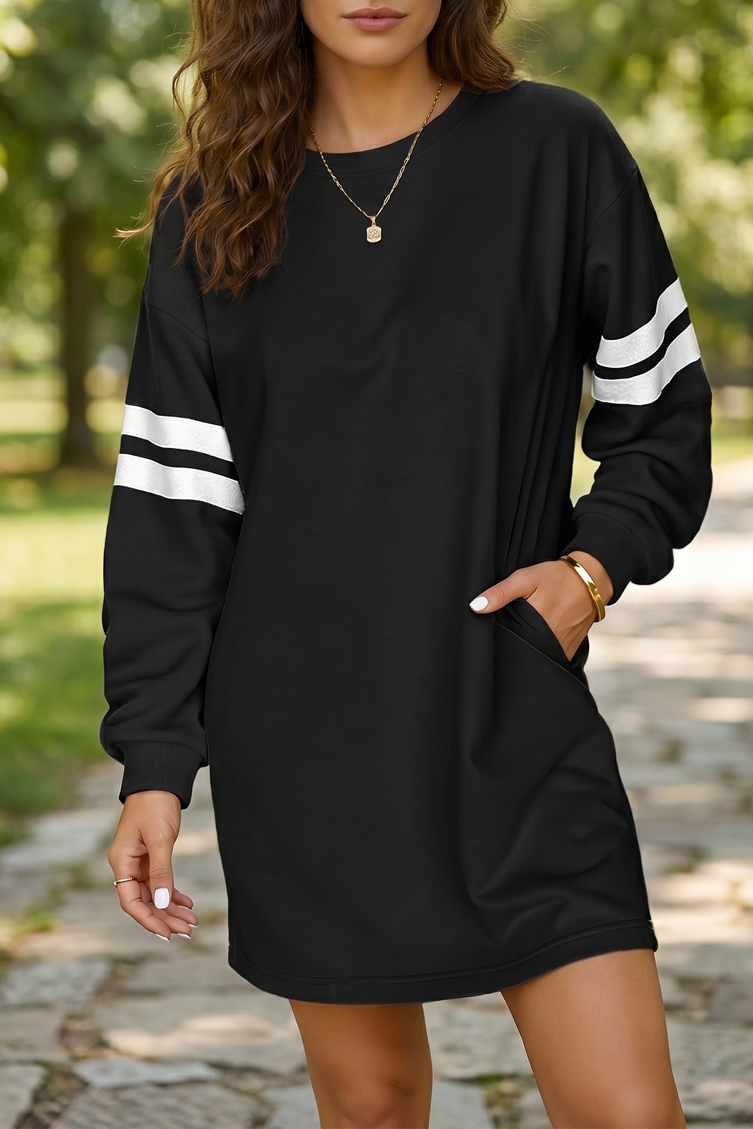 Black Varsity Contrast Banded Sleeve Shift Sweatshirt Dress - Damesmode Afbeelding 1