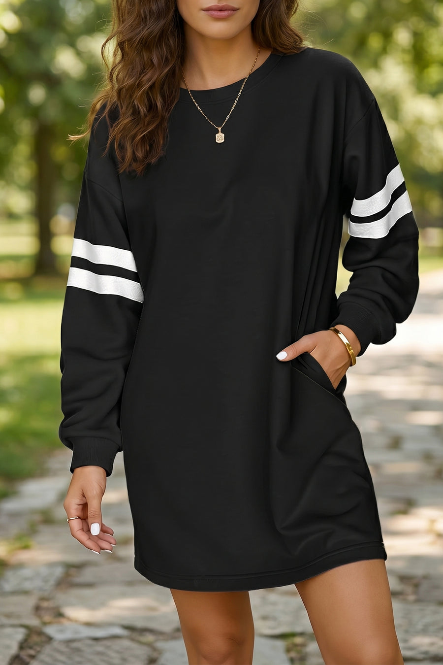 Schwarzes Varsity Contrast Sleeve Shift-Sweatshirt-Kleid – Damesmode Afbeelding 1