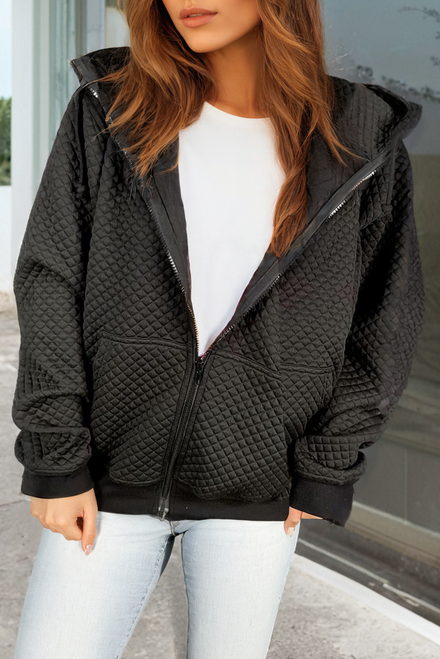 Black Quilted Side Pockets Zipper Hooded Jacket - Damesmode Afbeelding 1