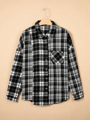 Black Plaid Long Sleeve V Neck Shift Plus Size Shirt Jacket - Damesmode Afbeelding 3 - Miniatuur