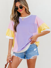 T-shirt oversize à demi-manches en patchwork à blocs de couleur violet - Miniatuur