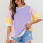 T-shirt oversize à demi-manches en patchwork à blocs de couleur violet