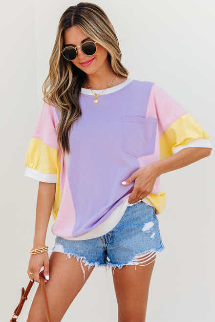 Lila Faarfblock Patchwork Hallefärmel iwwergrousst T-Shirt