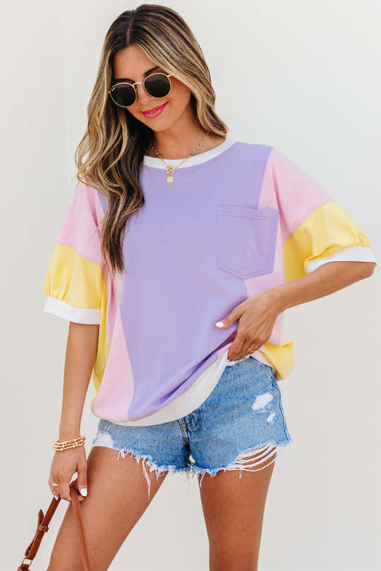 T-shirt oversize à demi-manches en patchwork à blocs de couleur violet
