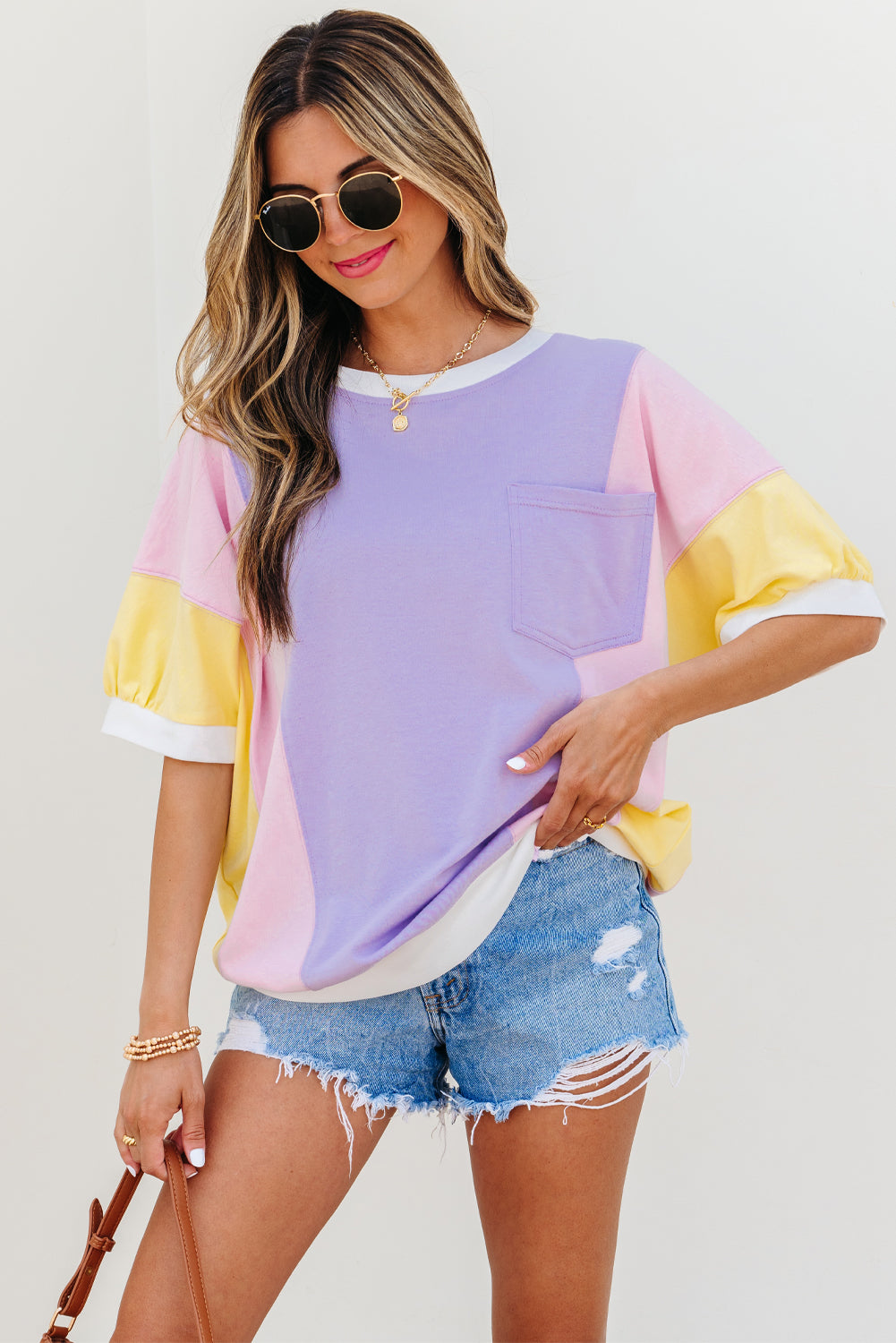 T-shirt oversize à demi-manches en patchwork à blocs de couleur violet