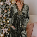 Jungle Green Velvet Long Sleeve V Neck Loose Dress with Pockets - Foto 4