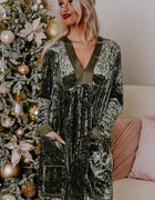 Jungle Green Velvet Long Sleeve V Neck Loose Dress with Pockets