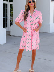 Pink Polka Dot Print V Neck Short Sleeve Tiered Mini Dress - Miniatuur