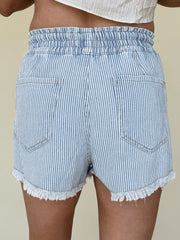 Black Stripe Raw Edge Drawstring Elastic Waist Casual Denim Shorts - Women's Fashion Image 5 - Miniatuur