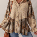 Oatmeal Boho Floral Plaid Patchwork Distressed Detail Ruffled Sleeve Waffle Knit Shacket - Foto 1