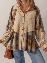 Oatmeal Boho Floral Plaid Patchwork Distressed Detail Ruffled Sleeve Waffle Knit Shacket - Miniatuur