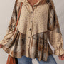 Oatmeal Boho Floral Plaid Patchwork Distressed Detail Ruffled Sleeve Waffle Knit Shacket