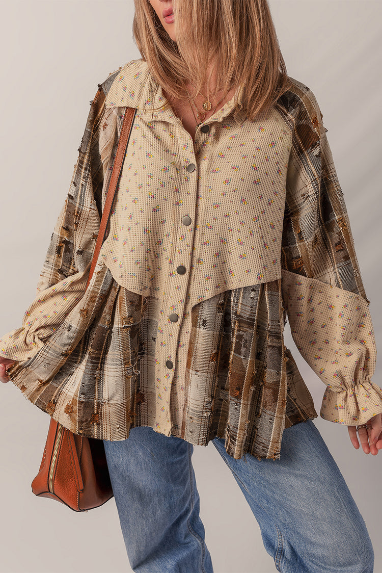 Oatmeal Boho Floral Plaid Patchwork Distressed Detail Ruffled Sleeve Waffle Knit Shacket - Damesmode