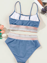 Dämmerungsblauer bunter Stitch Border Detail 2 Teile Bikini-Bikini-Badeanzug mit hoher Taille - Miniatuur