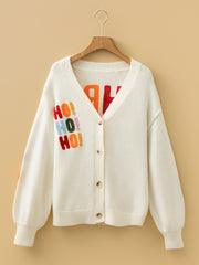 White Ho Ho Ho Slogan V Neck Button Front Embroidered Knit Cardigan - Miniatuur