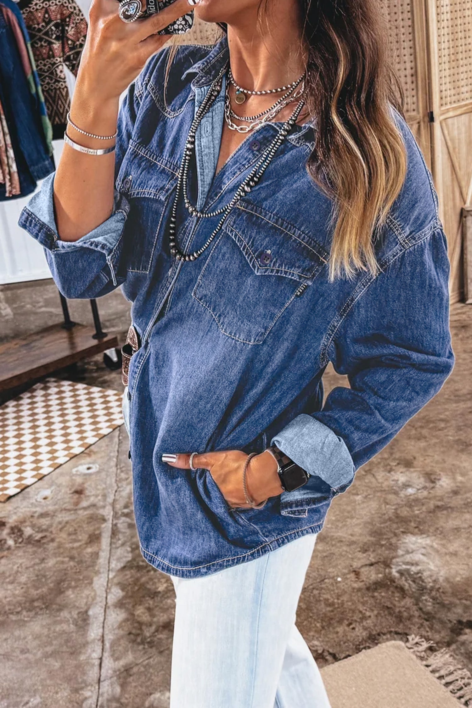 Chemise en jean à manches longues avec poches western, bleu bleu voile