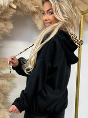 Black Elastic Cuffs Leopard Contrast Drawstring Hoodie - Women's Fashion Image 2 - Miniatuur