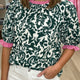 Groen Damask Print met Ruchesd Color Block Detail Half Sleeve Elegante Blouse